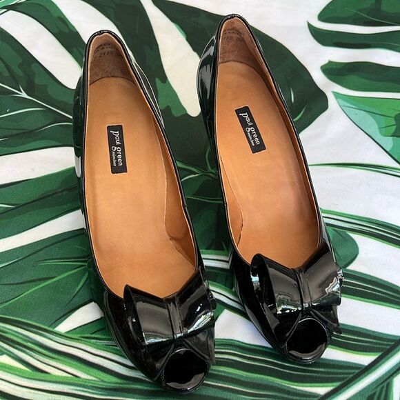 Paul green black pattern heels with peep toe and bow detail - Picture 1 of 7